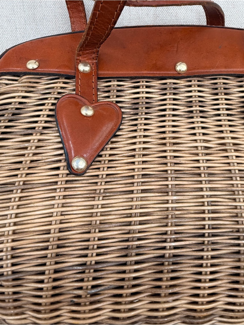Vintage Woven Rattan Handbag with Brown Leather Trim - Picture 6 of 9